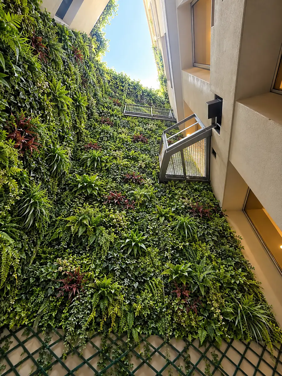Light well covered with an artificial vertical garden, seen from below