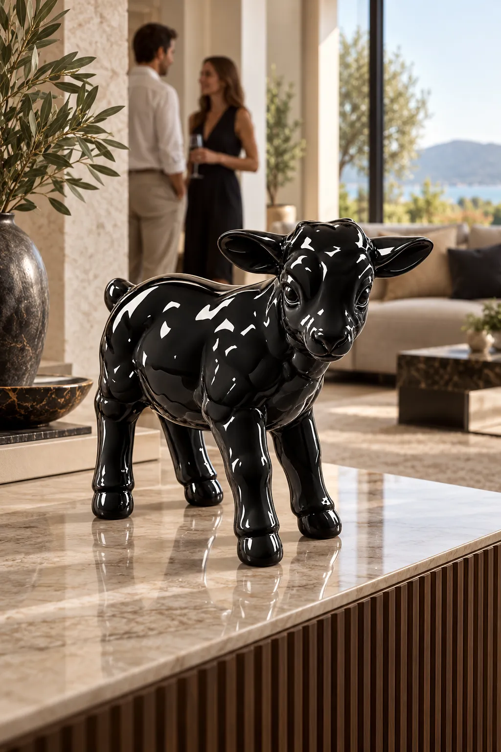 Statua Agnello Small ZWI-48-K1 nero lucido in ambiente, fotosimulazione