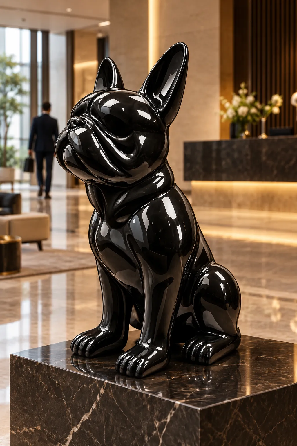 Statua Bulldog seduto Small ZWI-01/58 nero lucido in ambiente, fotosimulazione