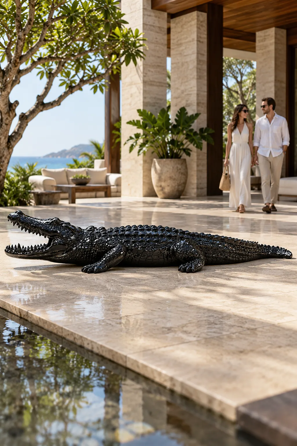 Statua Coccodrillo Maxi ZWI-65/312 nero lucido in ambiente, fotosimulazione