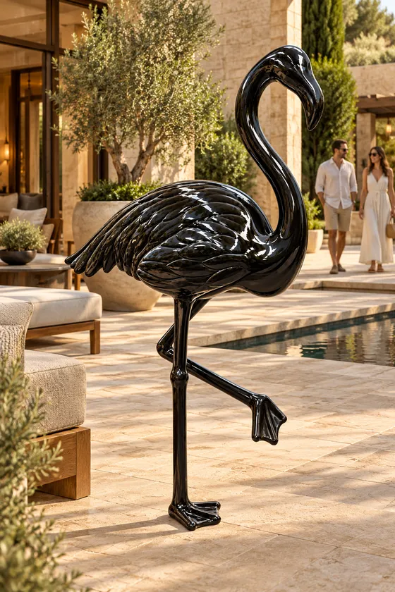 Statua Fenicottero nero lucido FR237 in ambiente