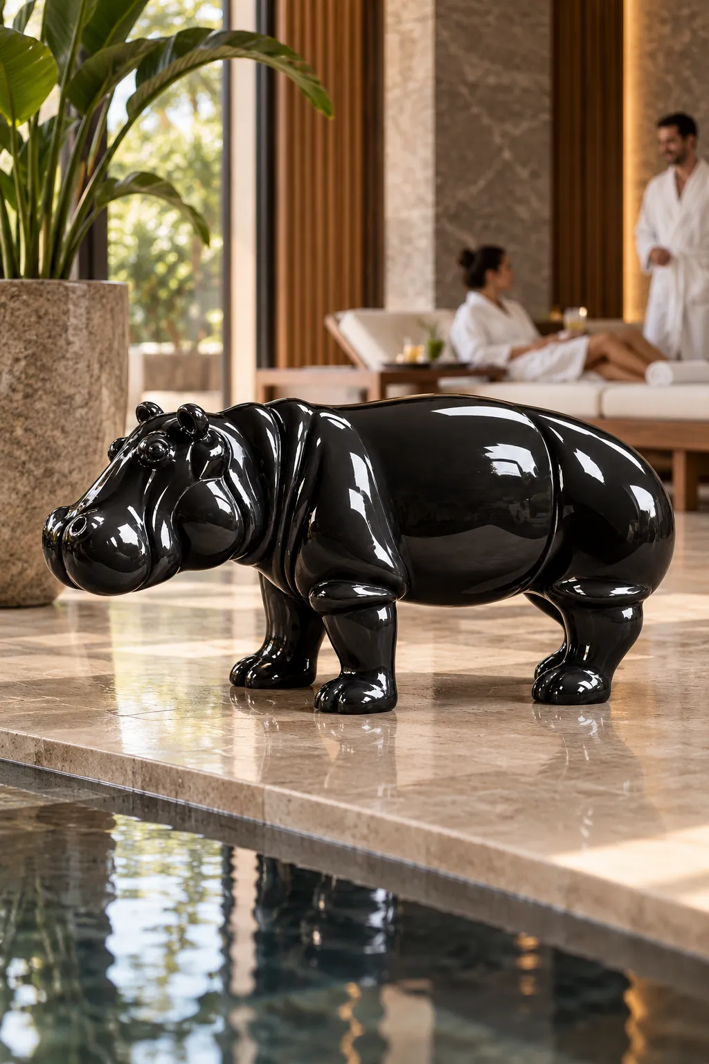 Statua Ippopotamo Small ZWI-60/34 nero lucido in ambiente, fotosimulazione