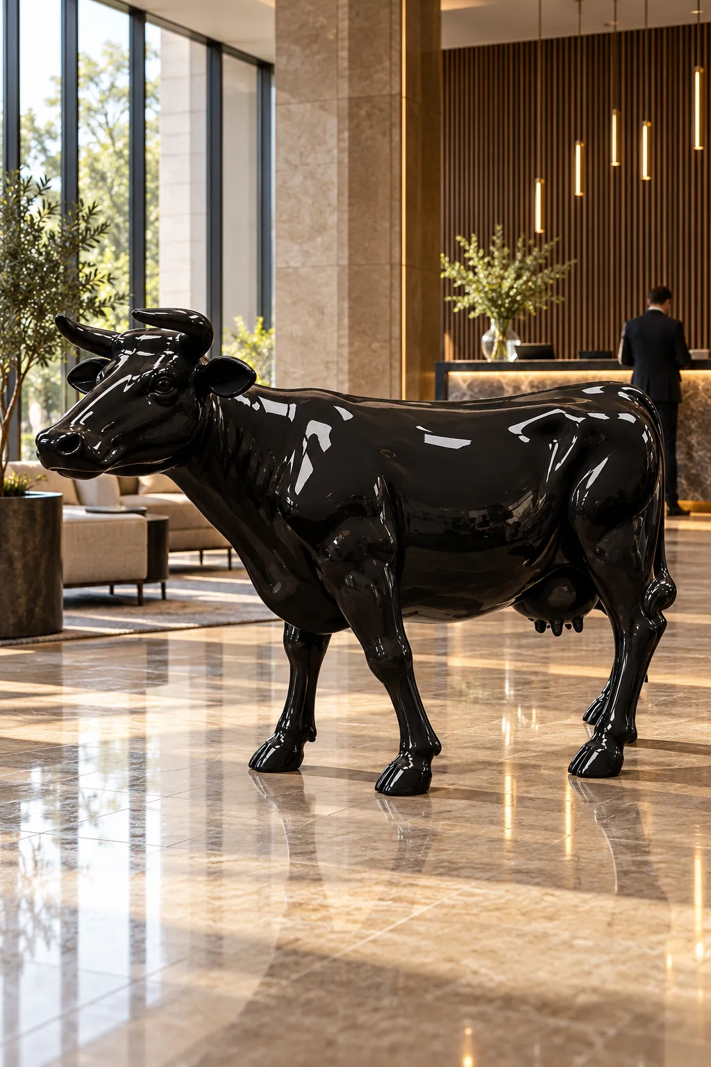 Statua Mucca Large ZWI-05/147 nero lucido in ambiente, fotosimulazione