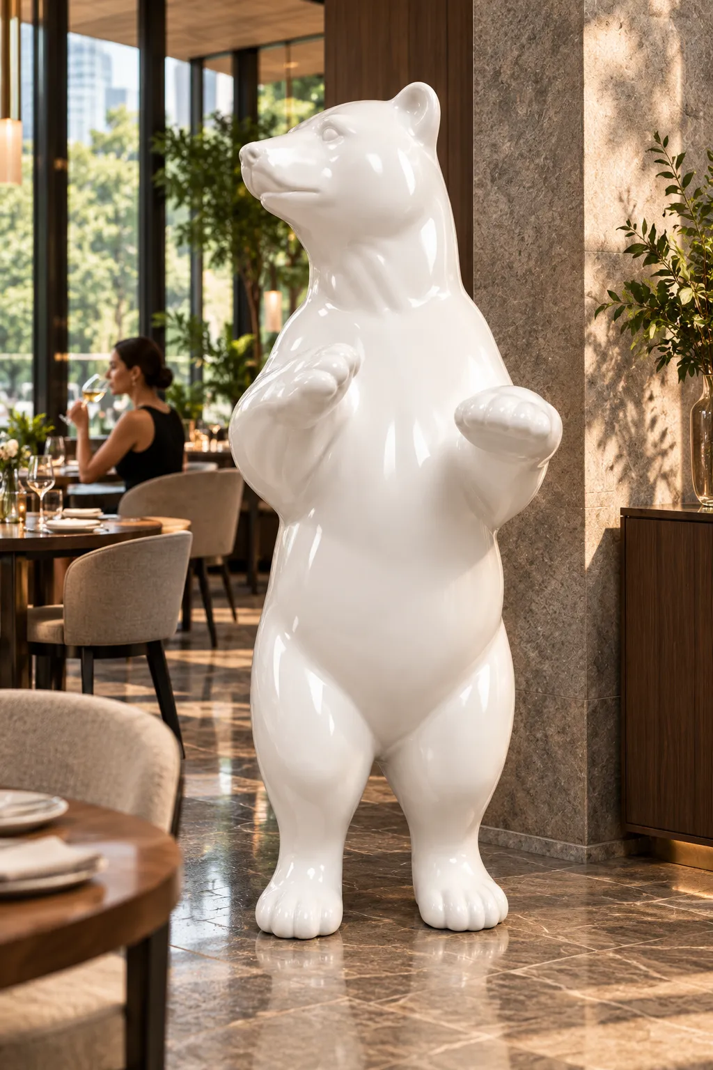 Statua Orso in piedi ZWI-70/180 bianco lucido in ambiente, fotosimulazione