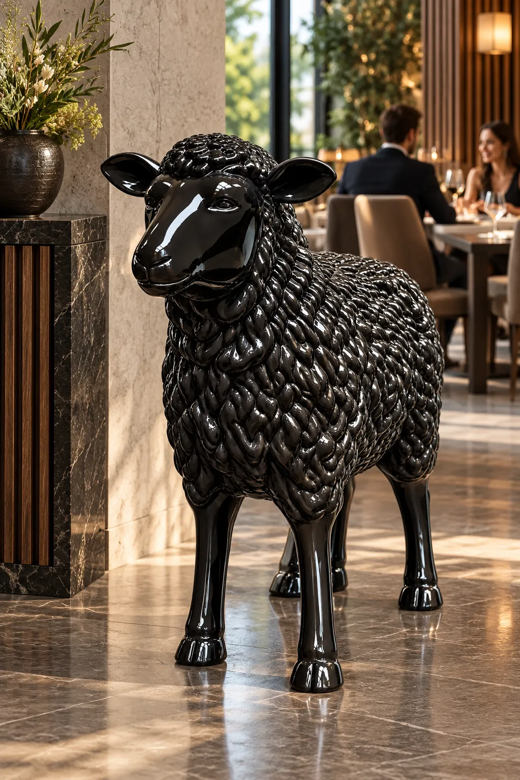 Statua Pecora Large ZWI-51/45 nero lucido in ambiente, fotosimulazione