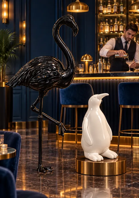 Statue di design in ristoranti & bar: Pinguino bianco, Fenicottero nero