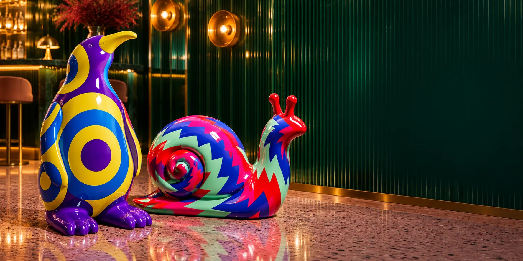Statue pop su misura: pinguino e lumaca colorati in una lounge