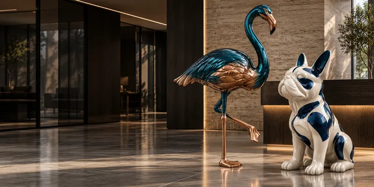 Statue su misura: fenicottero blu e oro e bulldog bianco e blu in un ufficio